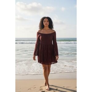 Burgundy Merlot Lace Smocked Mini Dress Sz Lg Bell Sleeves Lined Boho‎ Romantic